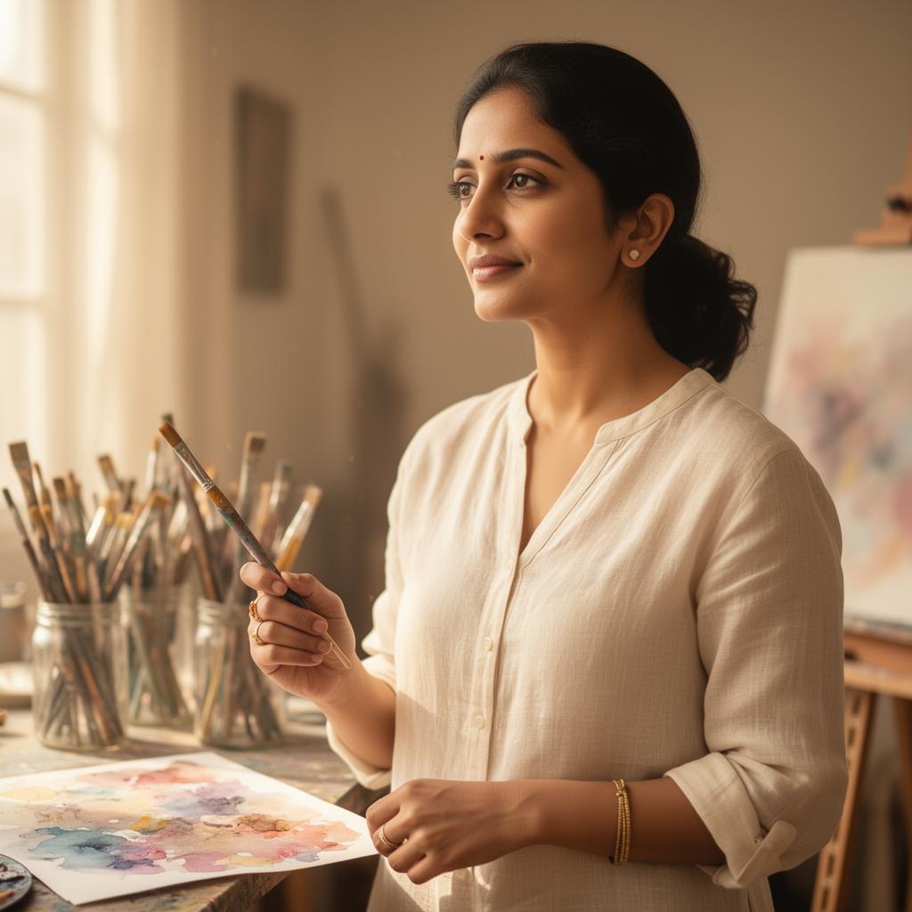 Poonam Patel, founder of Pony Palette art studio in Hyderabad, in her studio holding a paintbrush