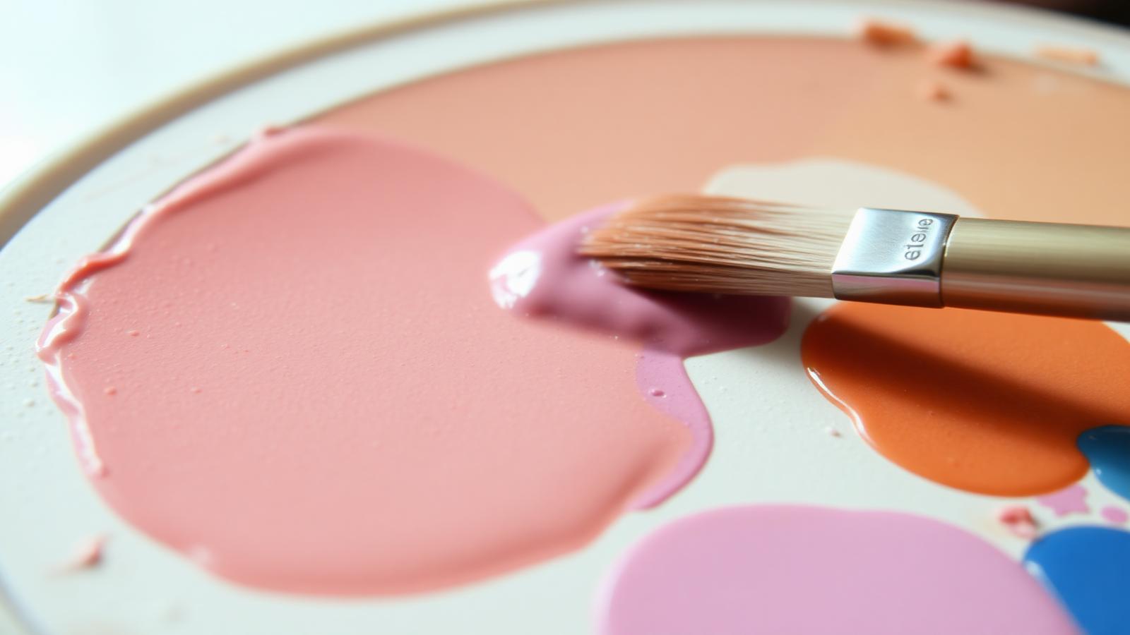 A close-up of a paint palette with blush and ochre tones